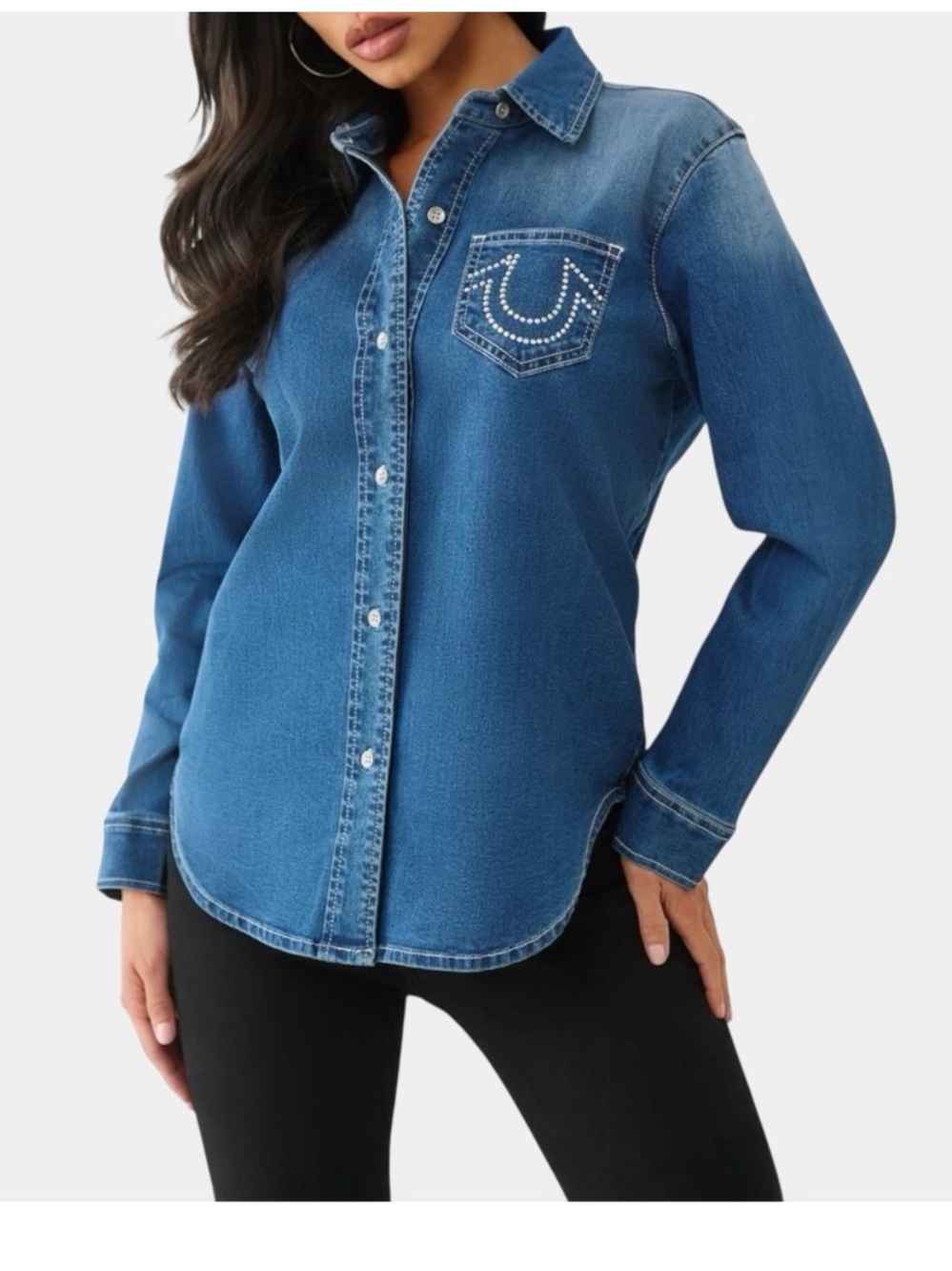 $89 NWT True Religion Slim Fit Crystal Denim Button-Up Shirt L